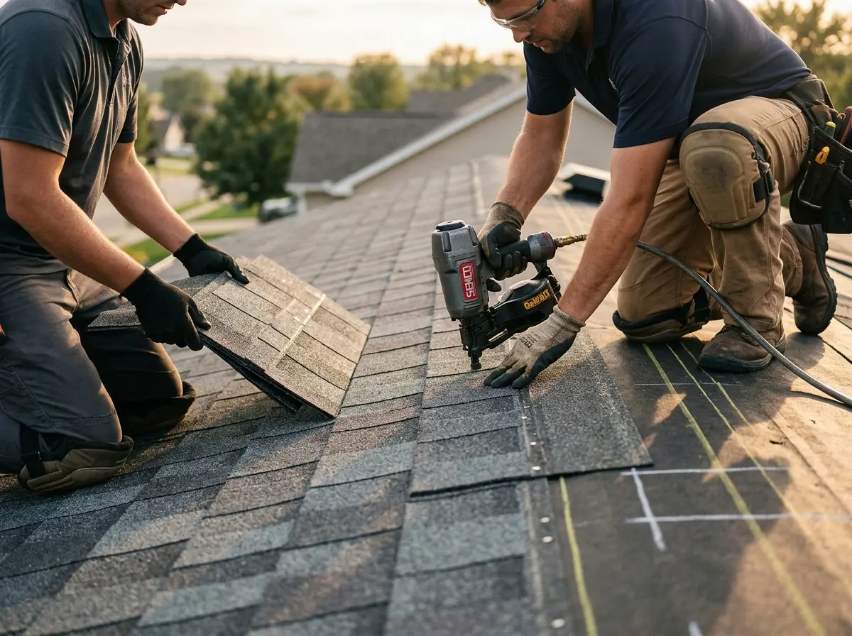 Professional roofer working on a residential roof in Beaumont